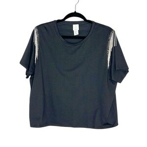 JOIE Rhinestone Shoulder Fringe Black Top size Large